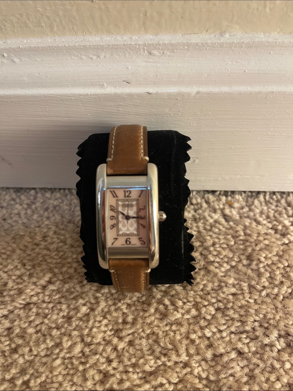 Womans Coach Brown Leather Strap Rectangular Silver Watch